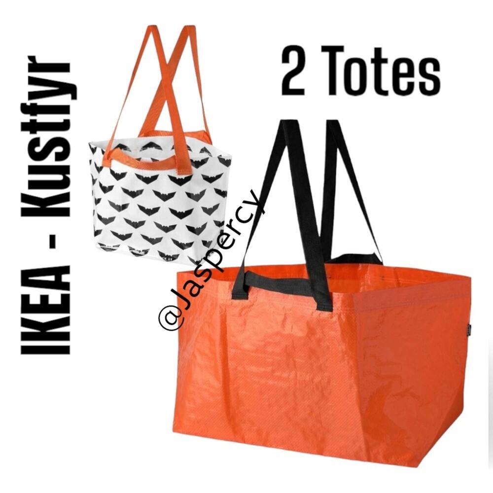 IKEA- KUSTFYR Set of Two Fall Autumn Halloween Neon Orange Bat Shopping Tote New